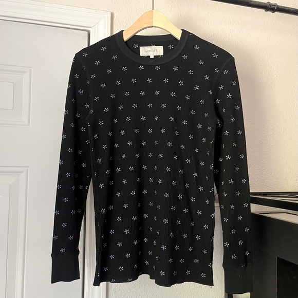 THE GREAT. black rayon blend waffle thermal knit crew neck floral long sleeve